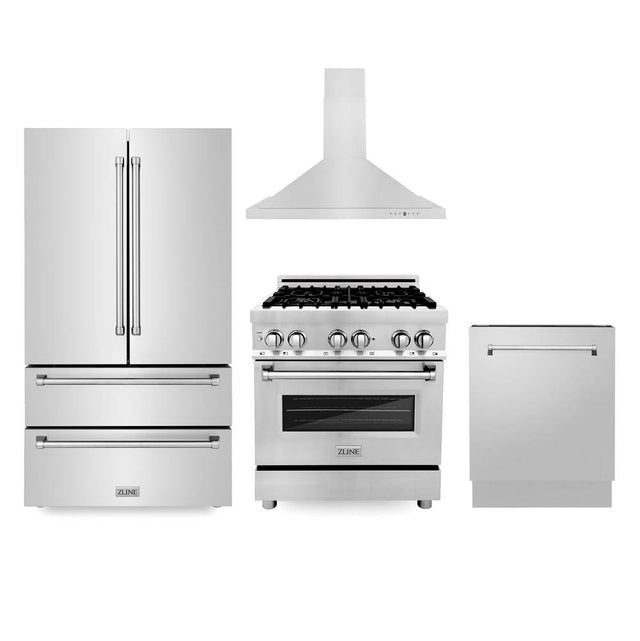 Z-Line - Kitchen Package with Refrigeration, 30'' Stainless Steel Dual Fuel Range, 30'' Convertible Vent Range Hood and 24'' Tall Tub Dishwasher - Stainless Steel