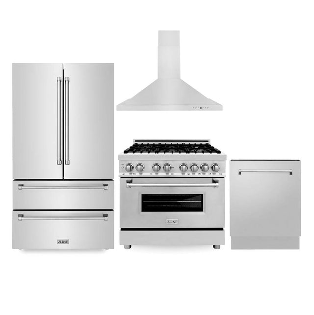 Z-Line - Kitchen Package with Refrigeration, 36'' Stainless Steel Dual Fuel Range, 36'' Convertible Vent Range Hood and 24'' Tall Tub Dishwasher - Stainless Steel