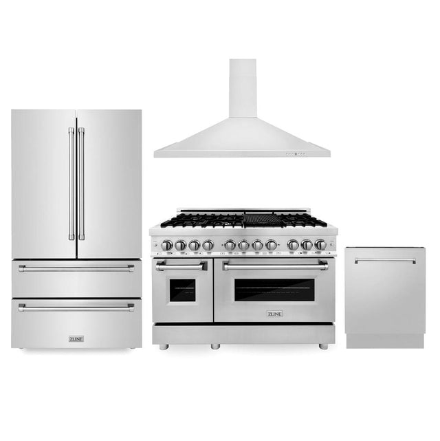 Z-Line - Kitchen Package with Refrigeration, 48'' Stainless Steel Dual Fuel Range, 48'' Convertible Vent Range Hood and 24'' Tall Tub Dishwasher - Stainless Steel