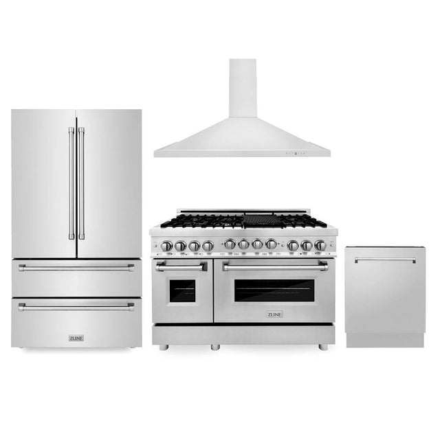 Z-Line - Kitchen Package with Refrigeration, 48'' Stainless Steel Gas Range, 48'' Convertible Vent Range Hood and 24'' Tall Tub Dishwasher - Stainless Steel