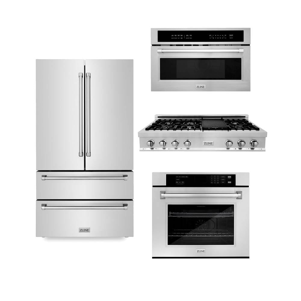Z-Line - Kitchen Package with Refrigeration, 48'' Stainless Steel Rangetop, 30'' Single Wall Oven, 30'' Microwave Oven - Stainless Steel