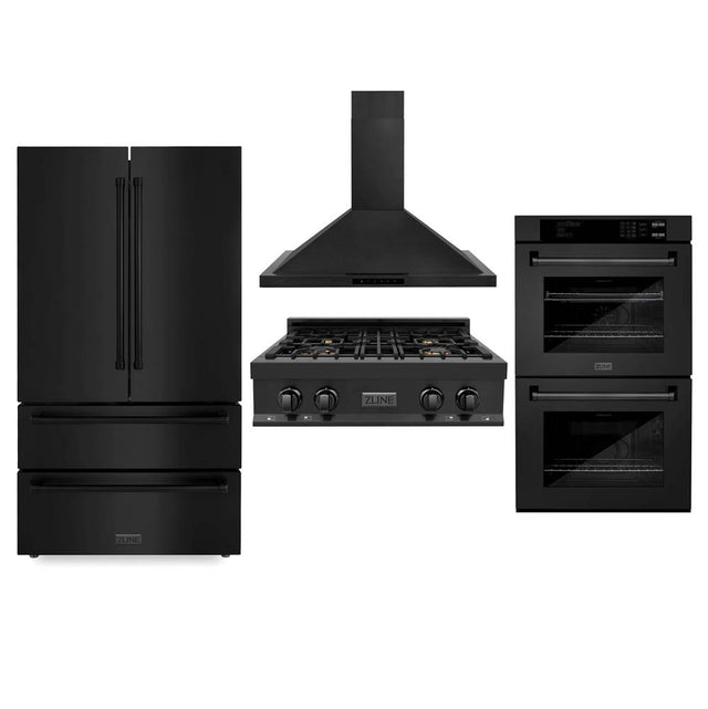 Z-Line - Kitchen Package with Black Stainless Steel Refrigeration, 30'' Rangetop, 30'' Range Hood and 30'' Double Wall Oven - Black Stainless Steel