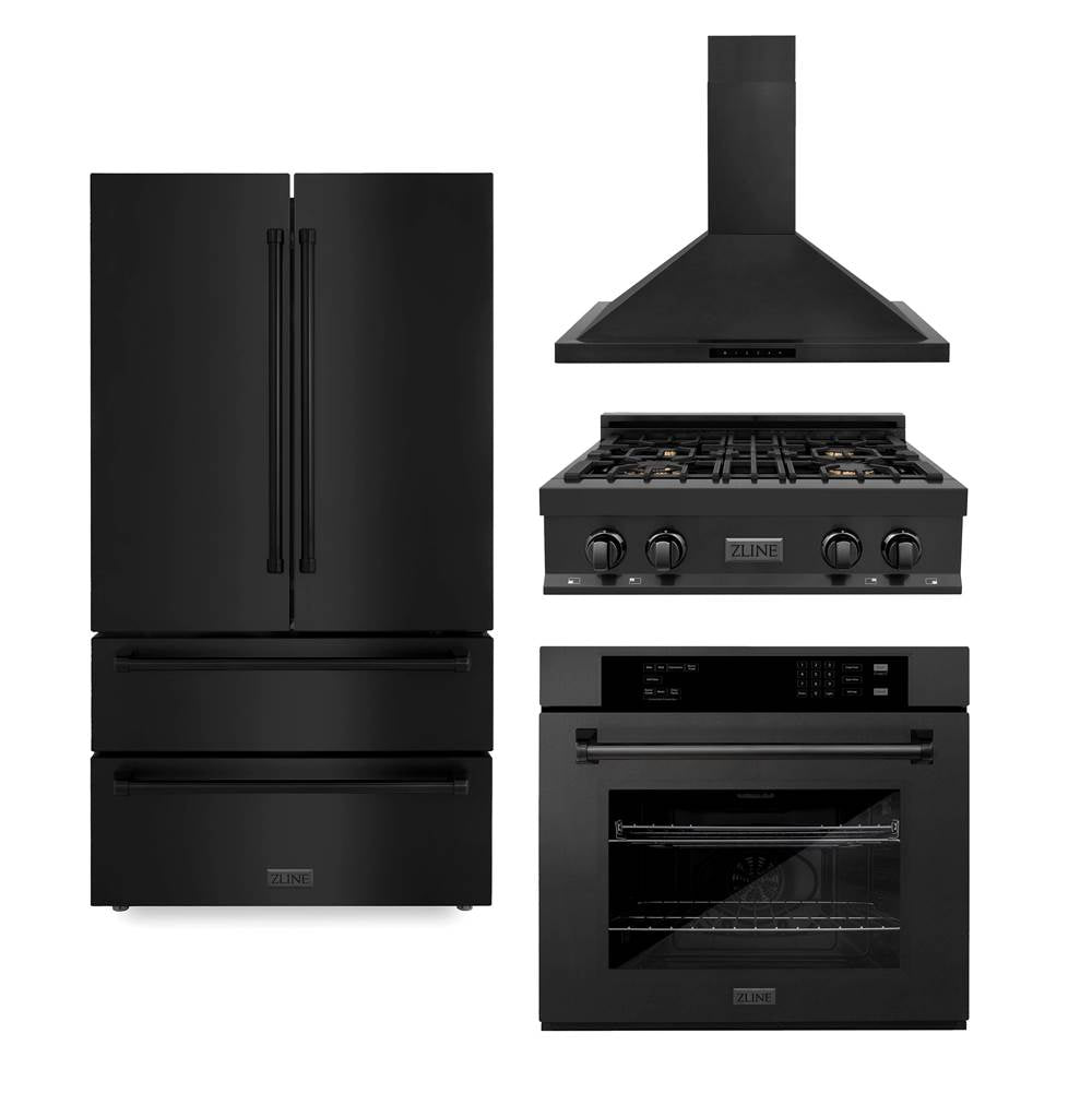 Z-Line - Kitchen Package with Black Stainless Steel Refrigeration, 30'' Rangetop, 30'' Range Hood and 30'' Single Wall Oven - Black Stainless Steel
