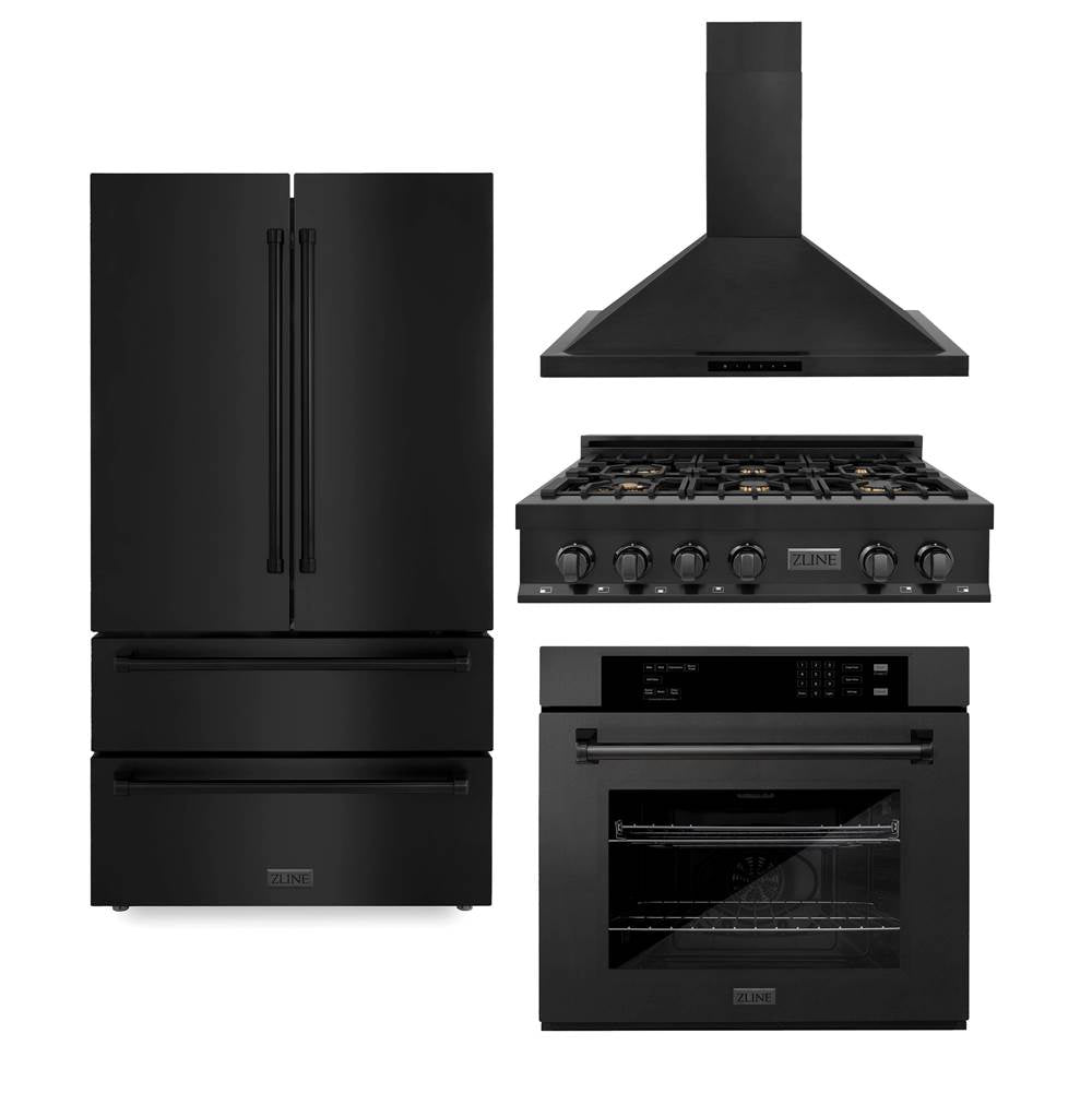 Z-Line - Kitchen Package with Black Stainless Steel Refrigeration, 36'' Rangetop, 36'' Range Hood and 30'' Single Wall Oven - Black Stainless Steel