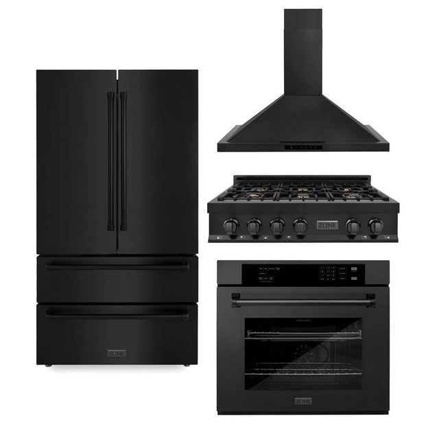 Z-Line - Kitchen Package with Black Stainless Steel Refrigeration, 36'' Rangetop, 36'' Range Hood and 30'' Single Wall Oven - Black Stainless Steel