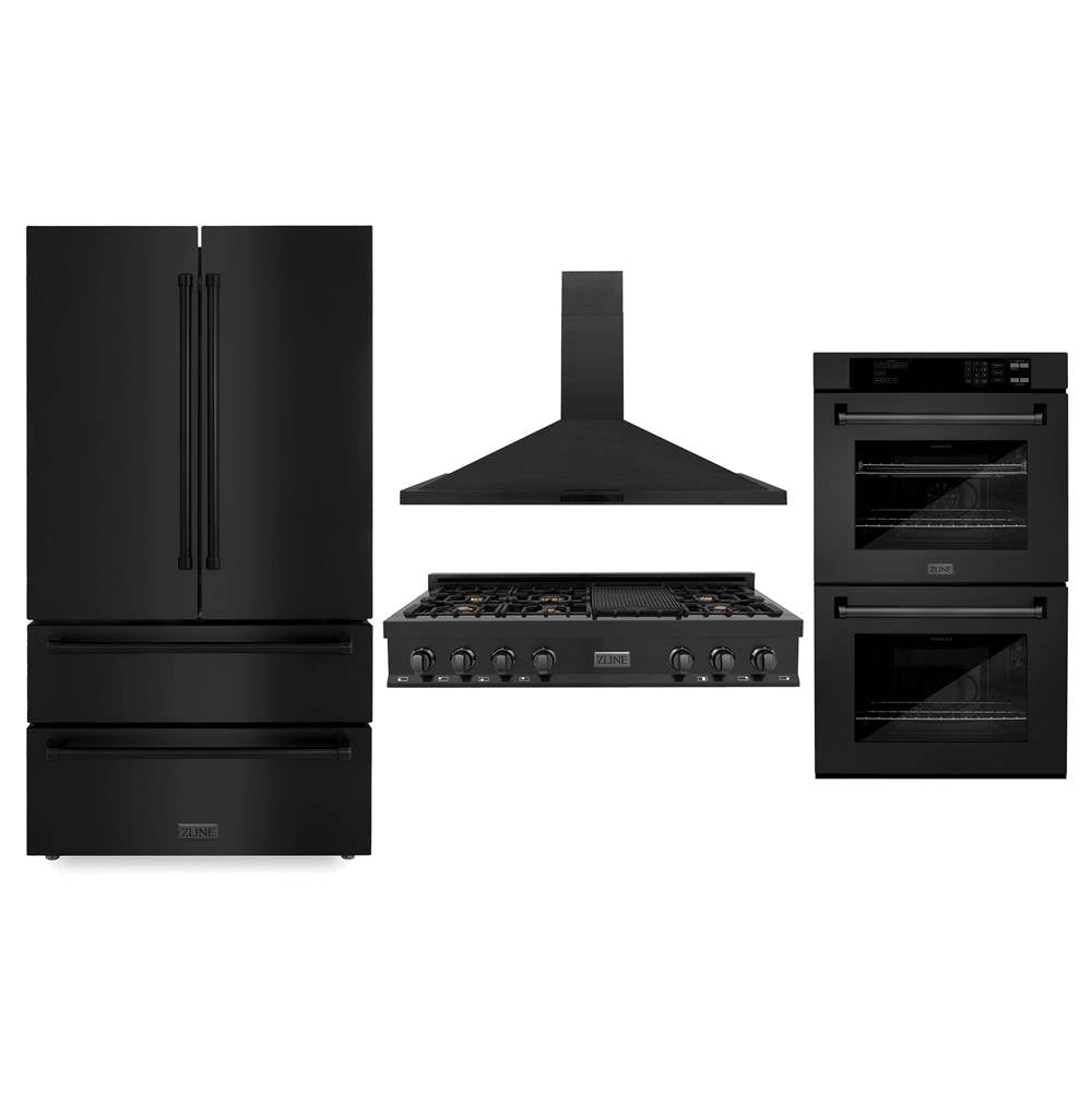 Z-Line - Kitchen Package with Black Stainless Steel Refrigeration, 48'' Rangetop, 48'' Range Hood and 30'' Double Wall Oven - Black Stainless Steel