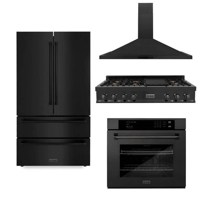 Z-Line - Kitchen Package with Black Stainless Steel Refrigeration, 48'' Rangetop, 48'' Range Hood and 30'' Single Wall Oven - Black Stainless Steel