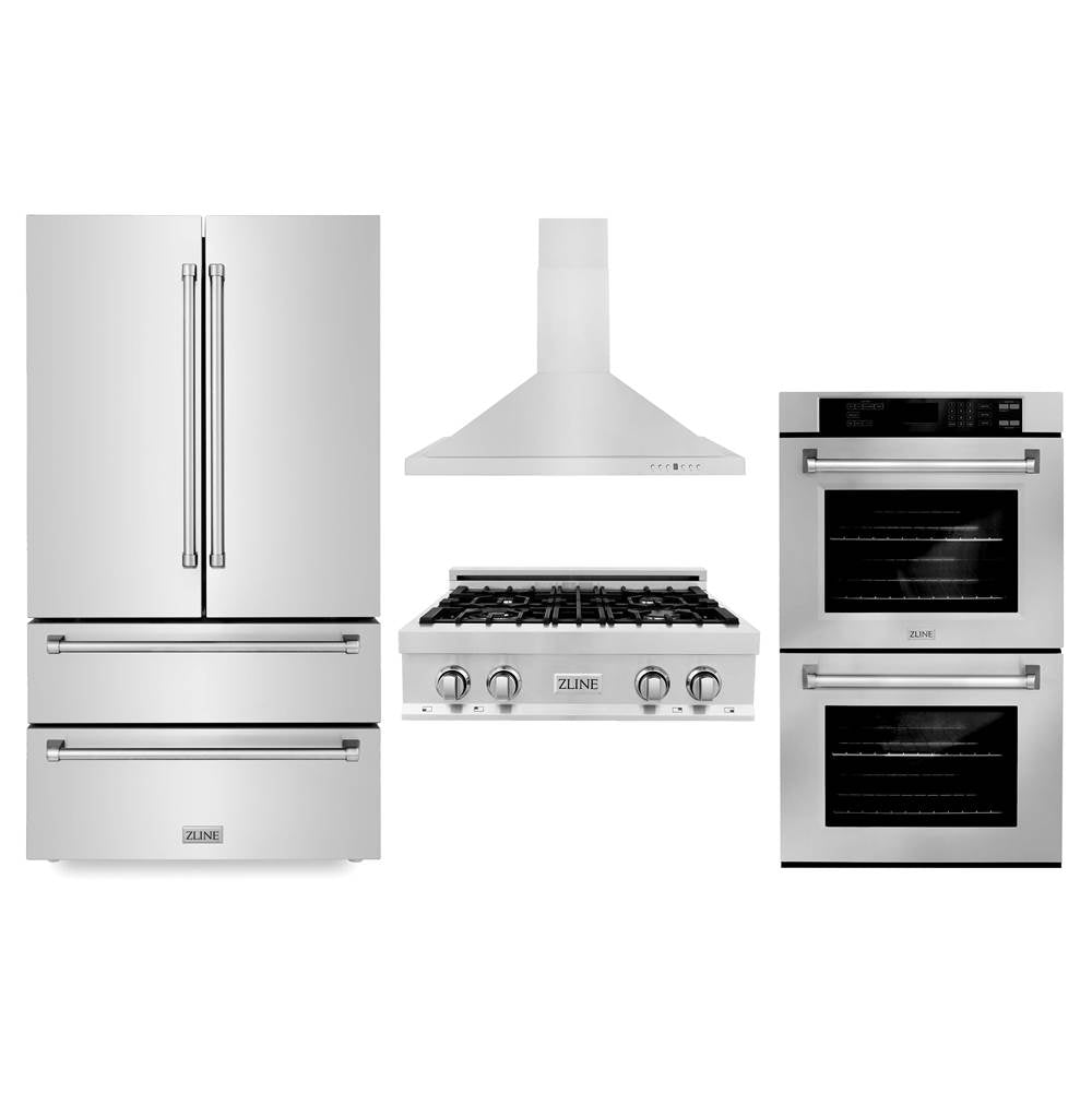 Z-Line - Kitchen Package with Refrigeration, 30'' Stainless Steel Rangetop, 30'' Range Hood and 30'' Double Wall Oven - Stainless Steel