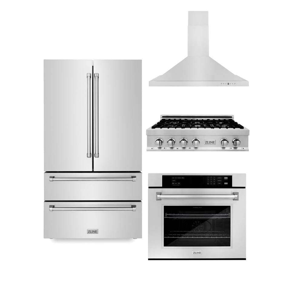 Z-Line - Kitchen Package with Refrigeration, 36'' Stainless Steel Rangetop, 36'' Range Hood and 30'' Single Wall Oven - Stainless Steel