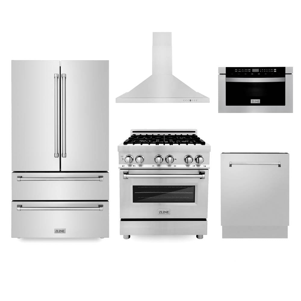 Z-Line - Kitchen Package with Refrigeration, 30'' Stainless Steel Dual Fuel Range, 30'' Range Hood, Microwave Drawer, and 24'' Tall Tub Dishwasher - Stainless Steel