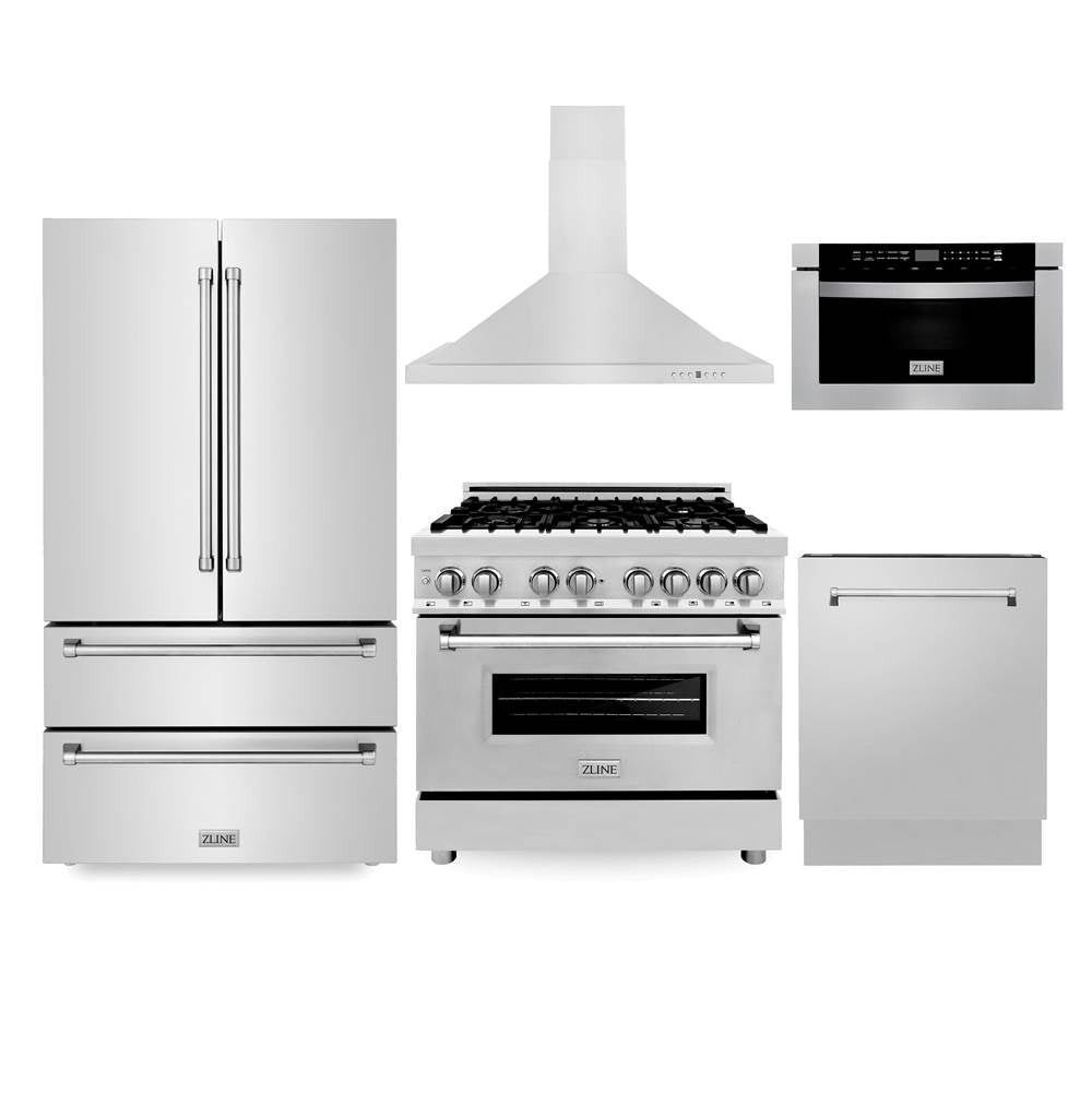 Z-Line - Kitchen Package with Refrigeration, 36'' Stainless Steel Dual Fuel Range, 36'' Range Hood, Microwave Drawer, and 24'' Tall Tub Dishwasher - Stainless Steel