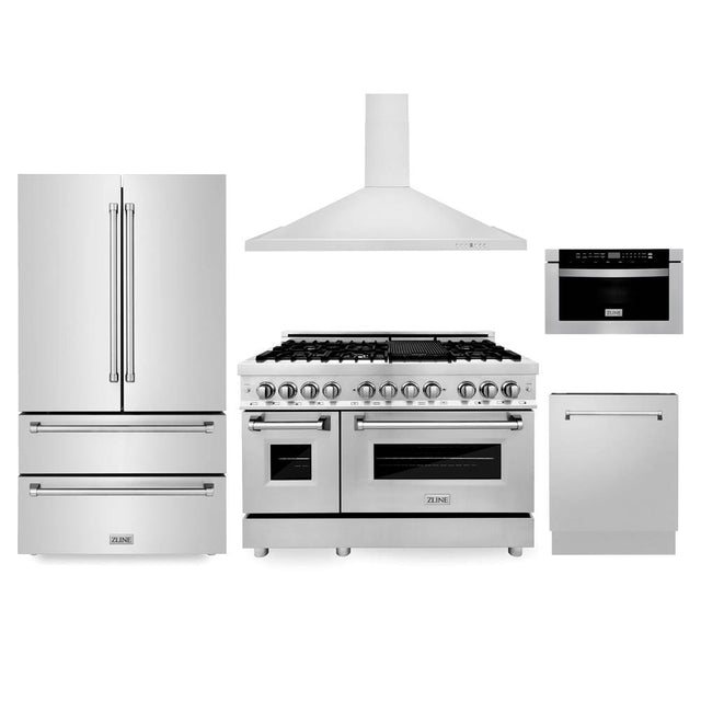 Z-Line - Kitchen Package with Refrigeration, 48'' Stainless Steel Dual Fuel Range, 48'' Range Hood, Microwave Drawer, and 24'' Tall Tub Dishwasher - Stainless Steel