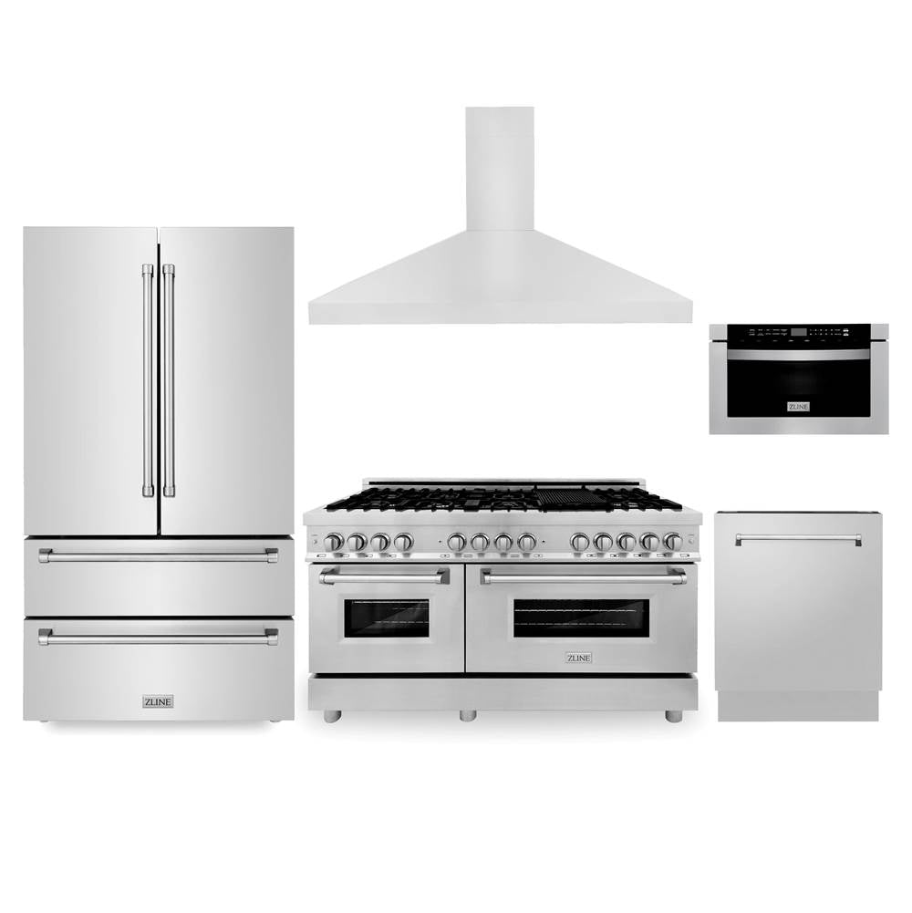 Z-Line - Kitchen Package with Refrigeration, 60'' Stainless Steel Dual Fuel Range, 60'' Range Hood, Microwave Drawer, and 24'' Tall Tub Dishwasher - Stainless Steel