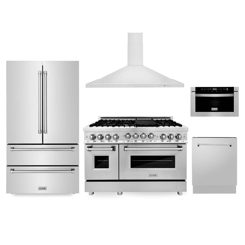 Z-Line - Kitchen Package with Refrigeration, 48'' Stainless Steel Gas Range, 48'' Range Hood, Microwave Drawer, and 24'' Tall Tub Dishwasher - Stainless Steel