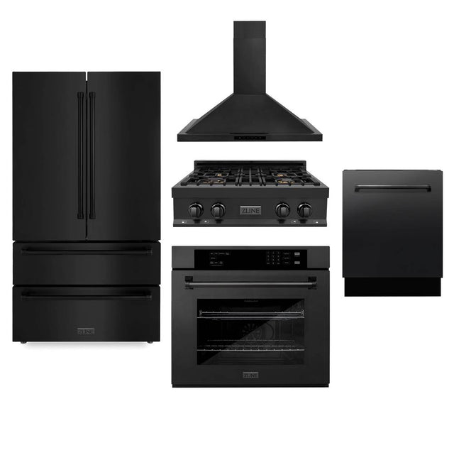 Z-Line - Kitchen Package with Black Stainless Steel Refrigeration, 30'' Rangetop, 30'' Range Hood, 30'' Single Wall Oven, and 24'' Tall Tub Dishwasher - Black Stainless Steel