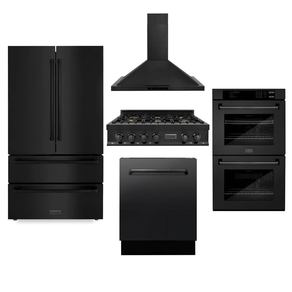 Z-Line - Kitchen Package with Black Stainless Steel Refrigeration, 36'' Rangetop, 36'' Range Hood, 30'' Double Wall Oven, and 24'' Tall Tub Dishwasher - Black Stainless Steel