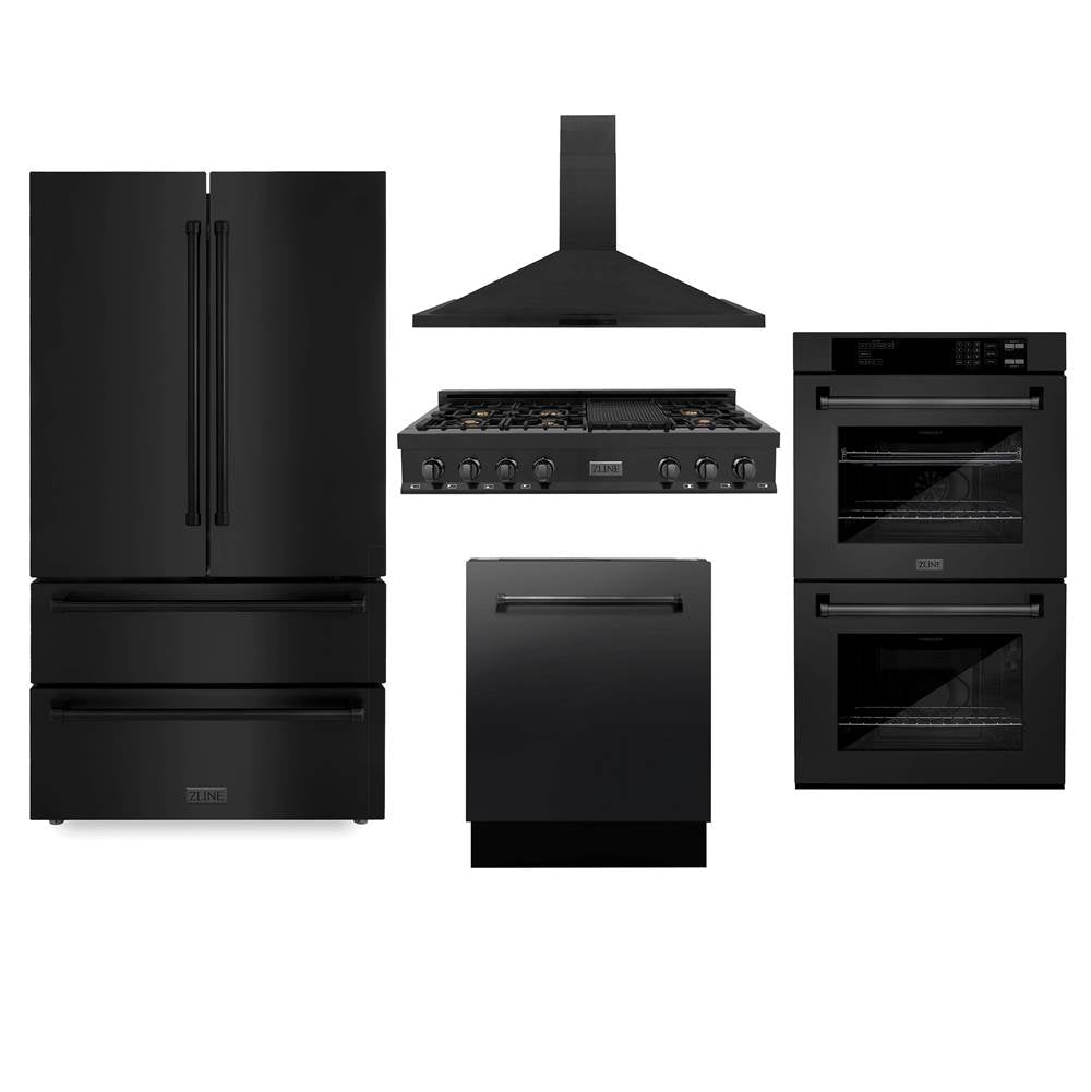Z-Line - Kitchen Package with Black Stainless Steel Refrigeration, 48'' Rangetop, 48'' Range Hood, 30'' Double Wall Oven, and 24'' Tall Tub Dishwasher - Black Stainless Steel