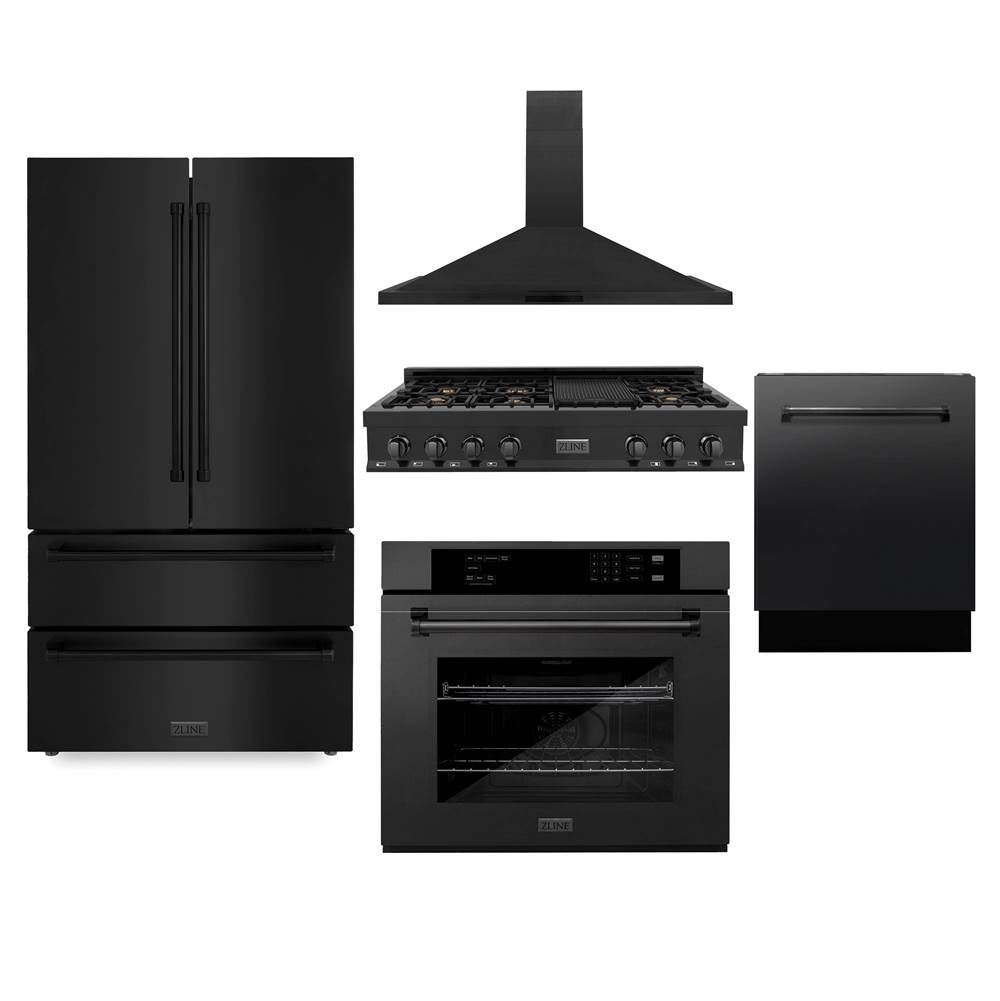 Z-Line - Kitchen Package with Black Stainless Steel Refrigeration, 48'' Rangetop, 48'' Range Hood, 30'' Single Wall Oven, and 24'' Tall Tub Dishwasher - Black Stainless Steel