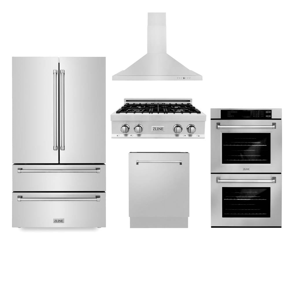 Z-Line - Kitchen Package with Refrigeration, 30'' Stainless Steel Rangetop, 30'' Range Hood, 30'' Double Wall Oven and 24'' Tall Tub Dishwasher - Stainless Steel