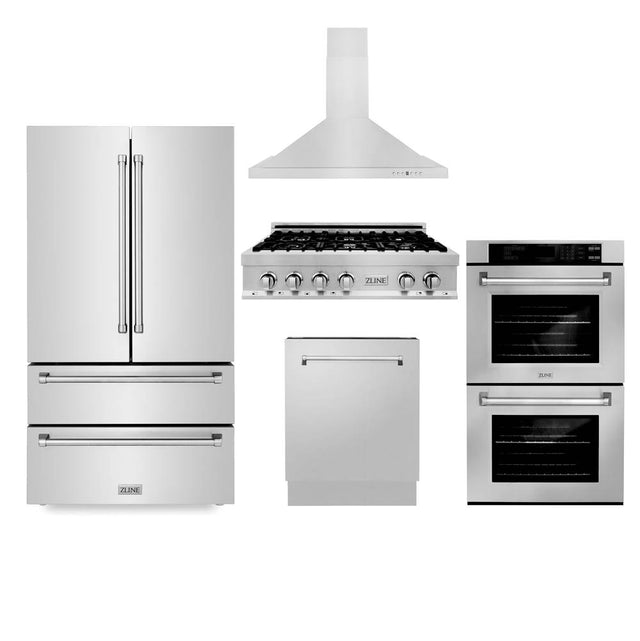 Z-Line - Kitchen Package with Refrigeration, 36'' Stainless Steel Rangetop, 36'' Range Hood, 30'' Double Wall Oven and 24'' Tall Tub Dishwasher - Stainless Steel
