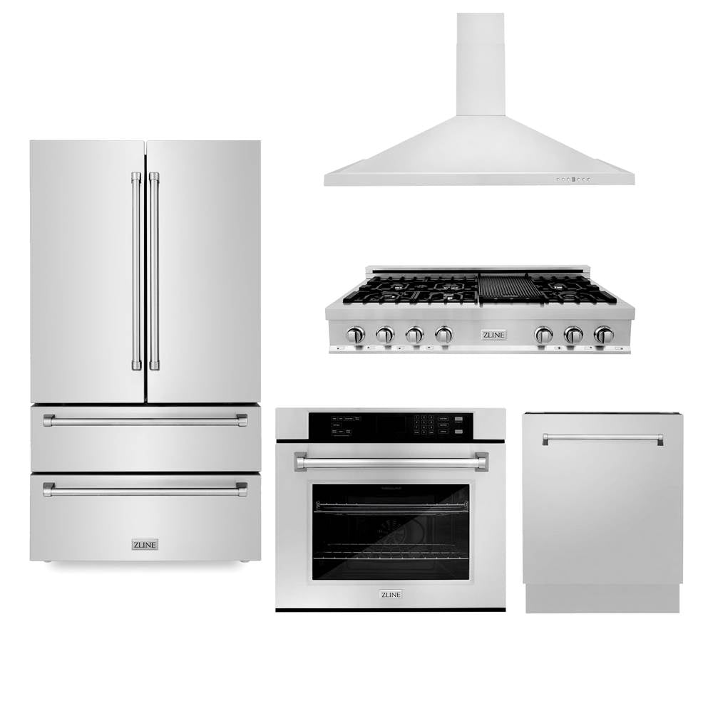 Z-Line - Kitchen Package with Refrigeration, 48'' Stainless Steel Rangetop, 48'' Range Hood, 30'' Single Wall Oven and 24'' Tall Tub Dishwasher - Stainless Steel