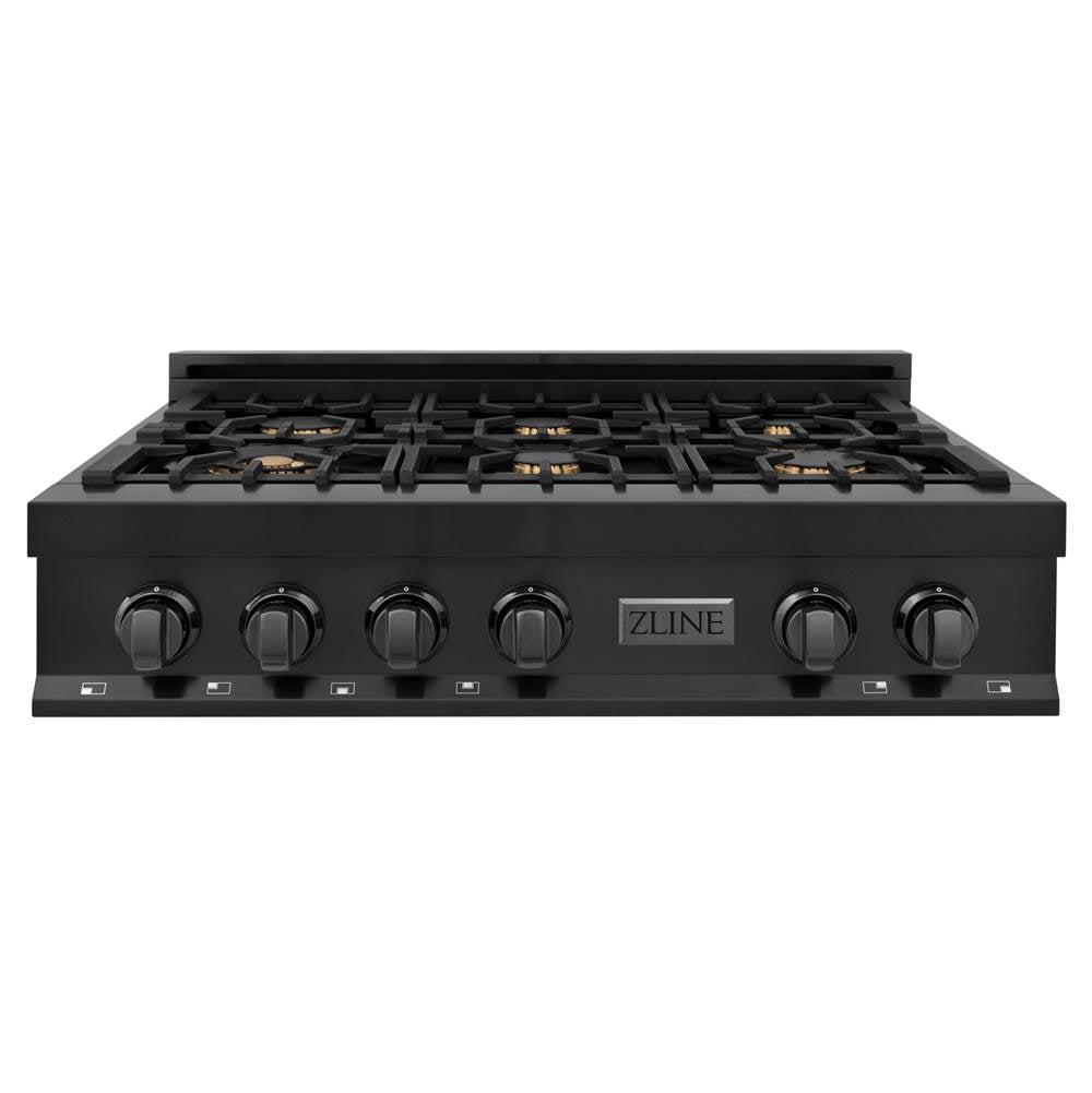 36'' Porcelain Gas Stovetop in Black Stainless with Brass Burners