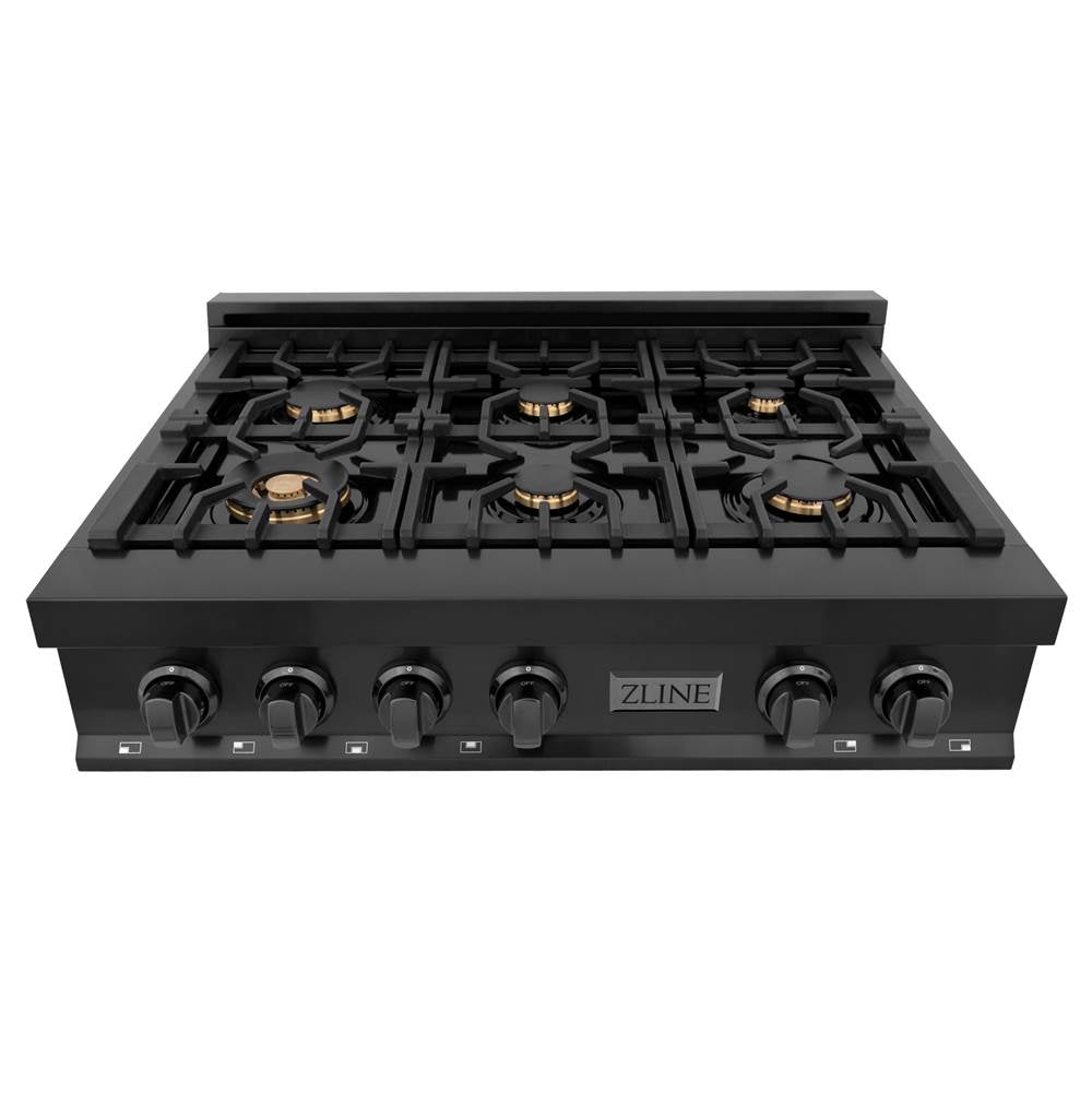 36'' Porcelain Gas Stovetop in Black Stainless with Brass Burners