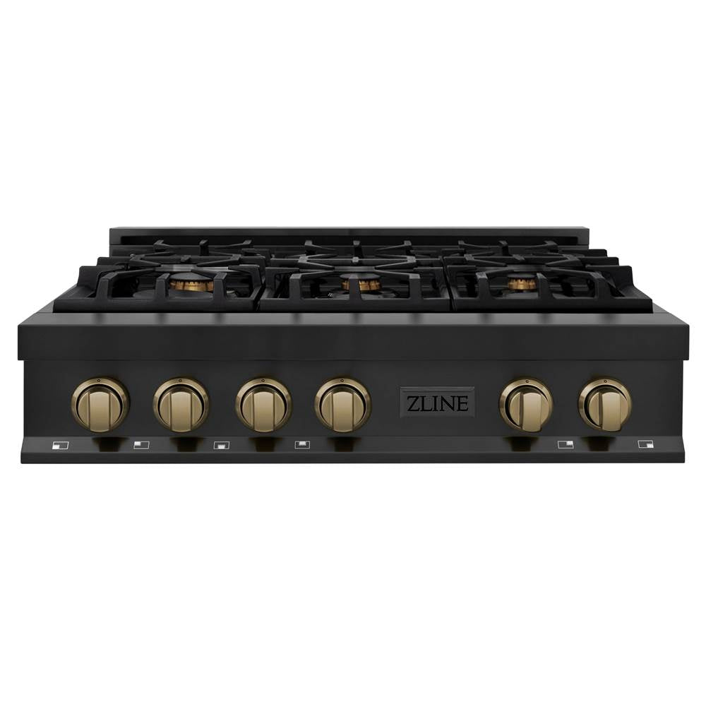Autograph Edition 36'' Porcelain Rangetop with 6 Gas Burners in Black Stainless Steel and Champagne Bronze Accents
