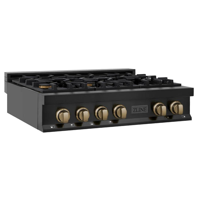 Z-Line - Autograph Edition 36'' Porcelain Rangetop with 6 Gas Burners in Black Stainless Steel and Champagne Bronze Accents - Champagne Bronze