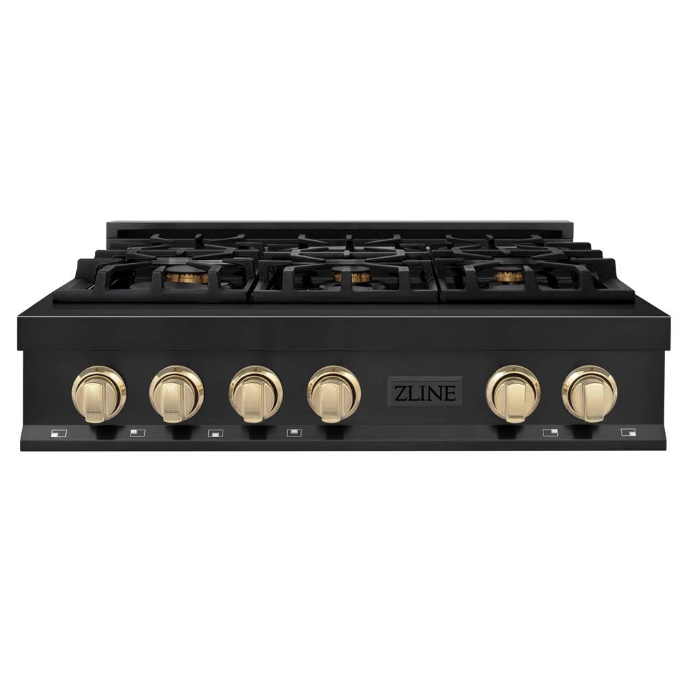 Autograph Edition 36'' Porcelain Rangetop with 6 Gas Burners in Black Stainless Steel and Champagne Bronze Accents