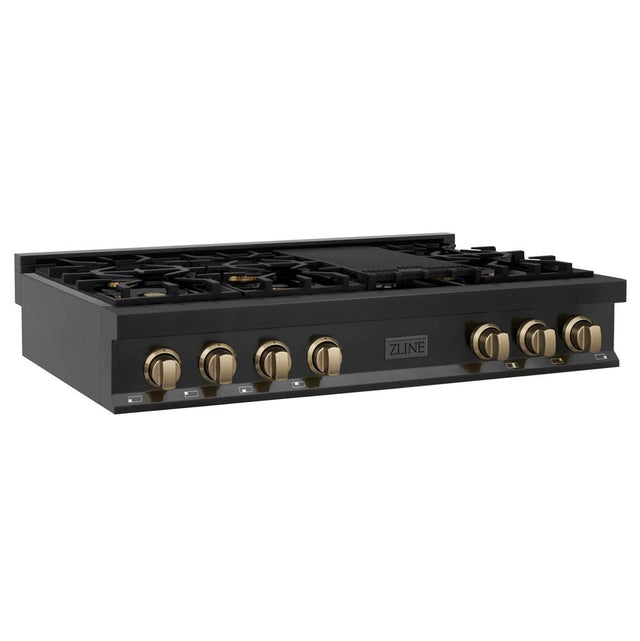Z-Line - Autograph Edition 48'' Porcelain Rangetop with 7 Gas Burners in Black Stainless Steel and Champagne Bronze Accents - Champagne Bronze