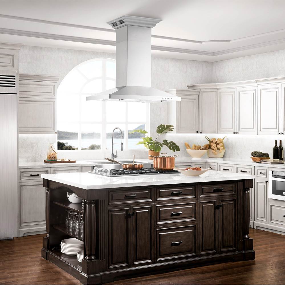 48'' CrownSoundEDucted Vent Island Mount Range Hood in Stainless Steel with Built-in Bluetooth Speakers
