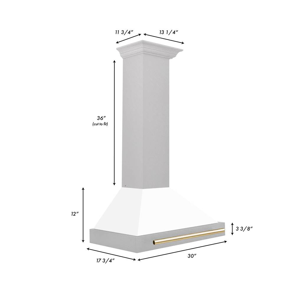 30'' Autograph Edition DuraSnow Stainless Steel Range Hood with White Matte Shell and Champagne Bronze Handle