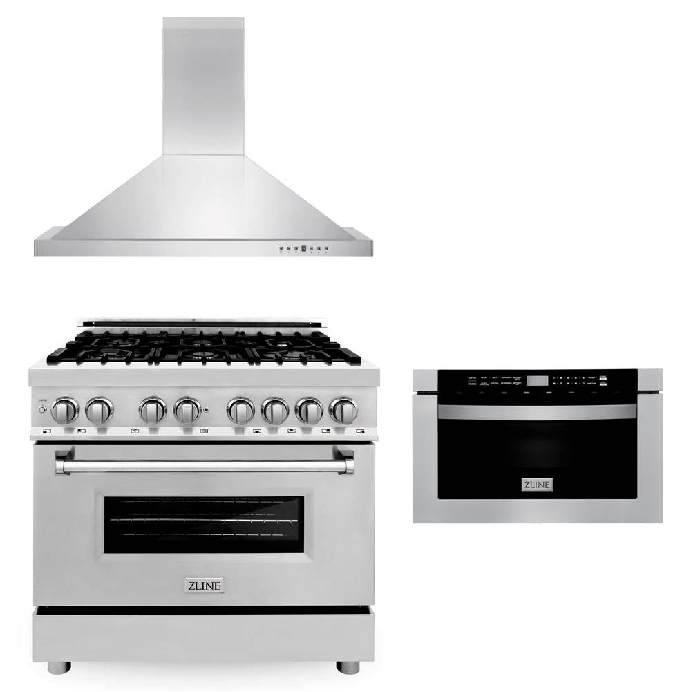 Z-Line - 36'' Kitchen Package with Stainless Steel Dual Fuel Range, Convertible Vent Range Hood and Microwave Drawer - Stainless Steel