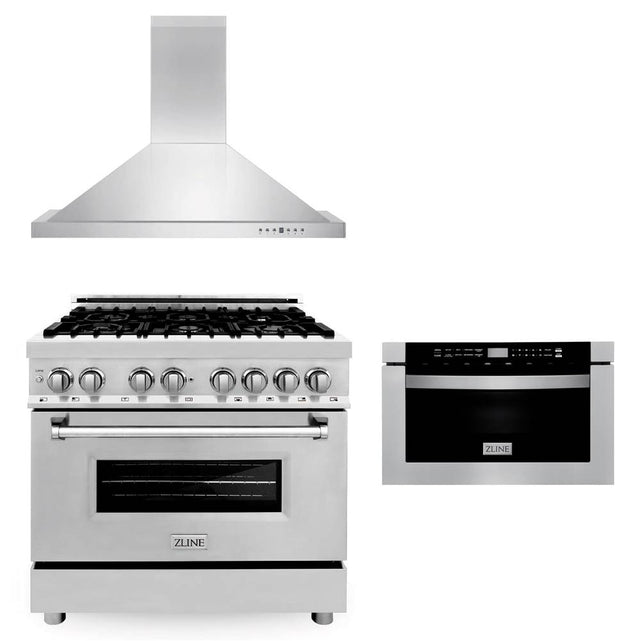 Z-Line - 36'' Kitchen Package with Stainless Steel Dual Fuel Range, Convertible Vent Range Hood and Microwave Drawer - Stainless Steel