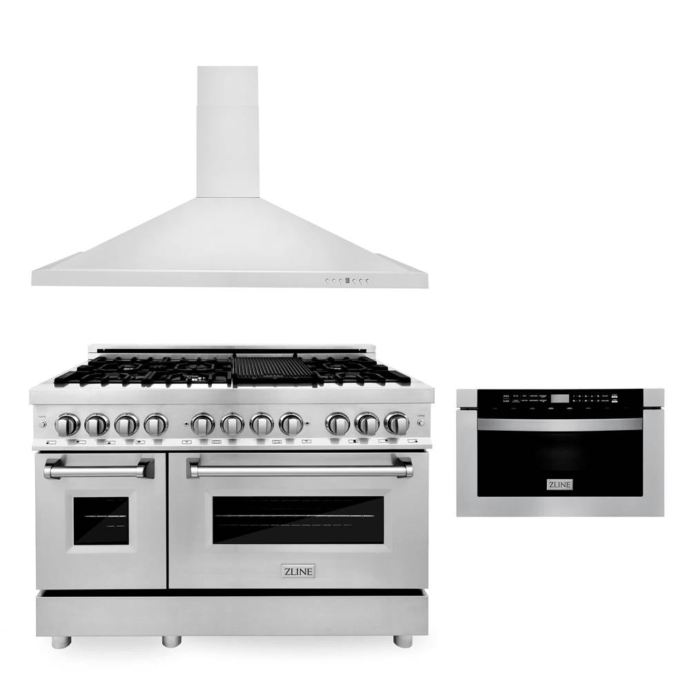 Z-Line - 48'' Kitchen Package with Stainless Steel Dual Fuel Range, Convertible Vent Range Hood and Microwave Drawer - Stainless Steel