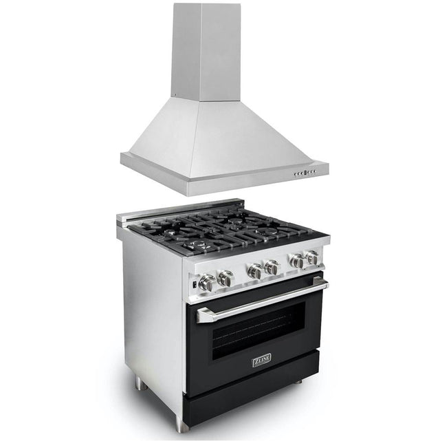 Z-Line - 30'' Kitchen Package with Stainless Steel Dual Fuel Range with Black Matte Door and Convertible Vent Range Hood - Stainless Steel