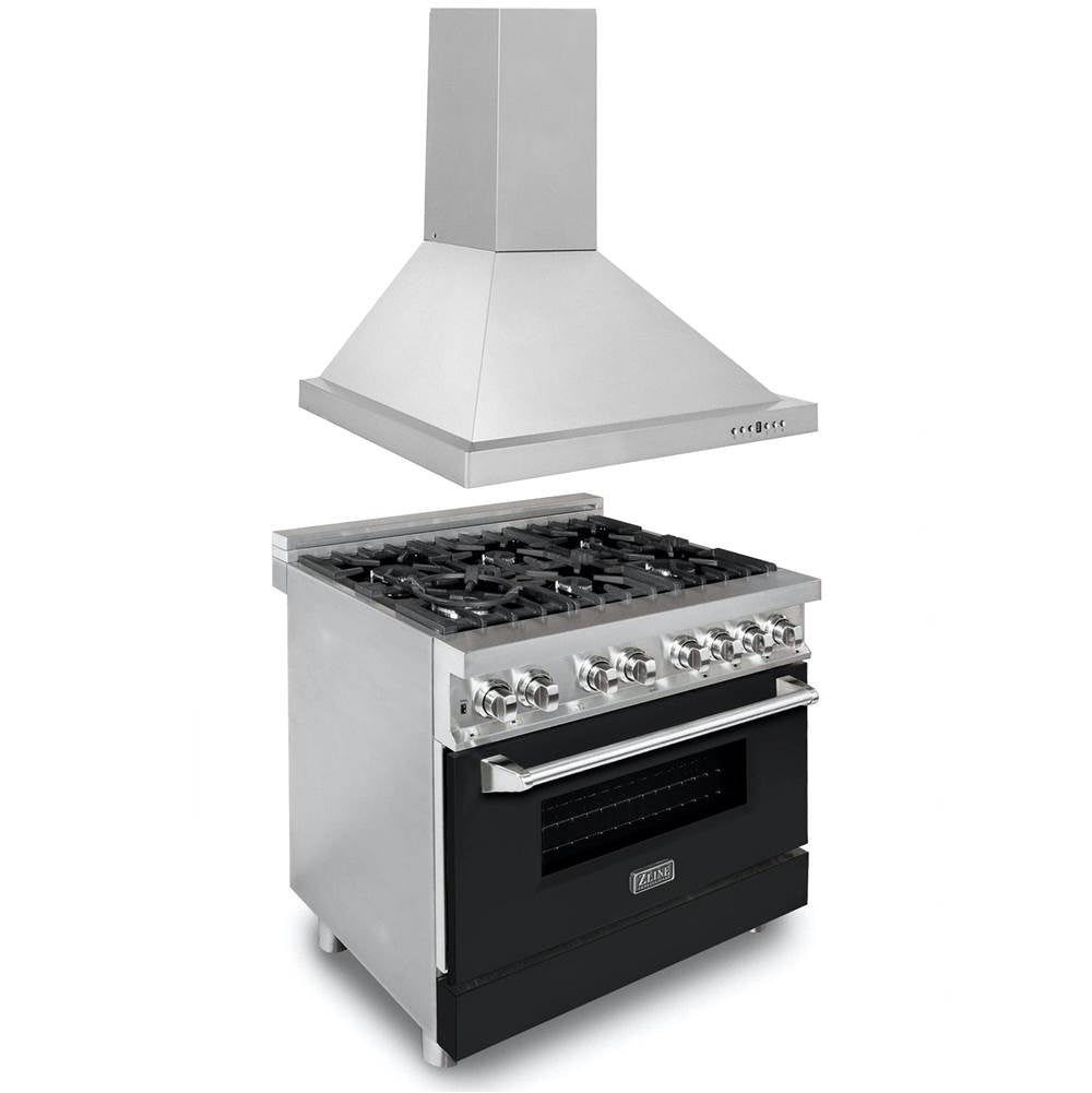 Z-Line - 36'' Kitchen Package with Stainless Steel Dual Fuel Range with Black Matte Door and Convertible Vent Range Hood - Stainless Steel