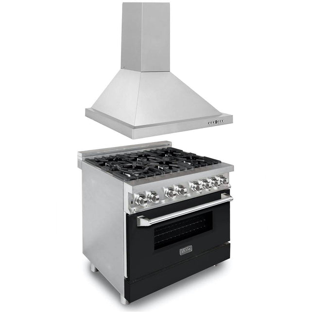 Z-Line - 36'' Kitchen Package with Stainless Steel Dual Fuel Range with Black Matte Door and Convertible Vent Range Hood - Stainless Steel