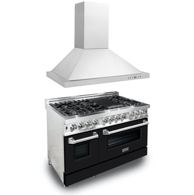 Z-Line - 48'' Kitchen Package with Stainless Steel Dual Fuel Range with Black Matte Door and Convertible Vent Range Hood - Stainless Steel