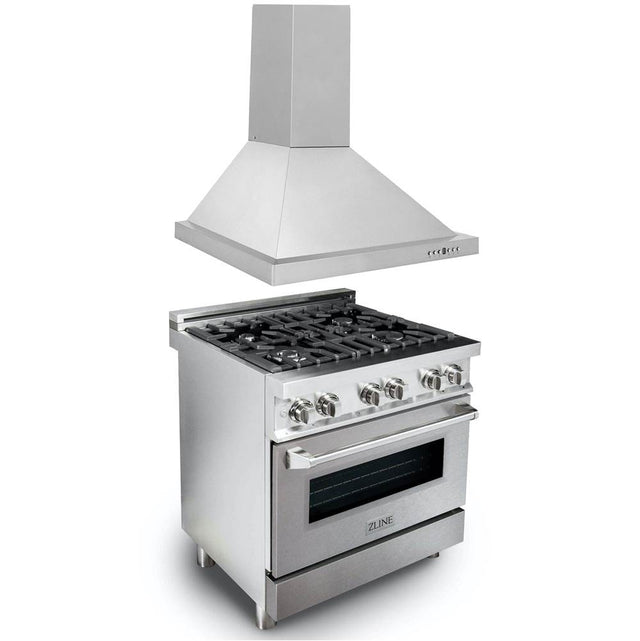 Z-Line - 30'' Kitchen Package with Stainless Steel Dual Fuel Range with DuraSnow Door and Convertible Vent Range Hood - Stainless Steel