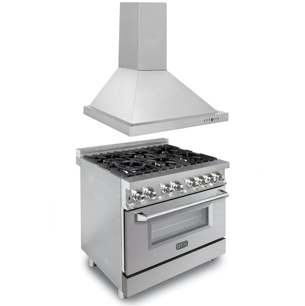 Z-Line - 36'' Kitchen Package with Stainless Steel Dual Fuel Range with DuraSnow Door and Convertible Vent Range Hood - Stainless Steel