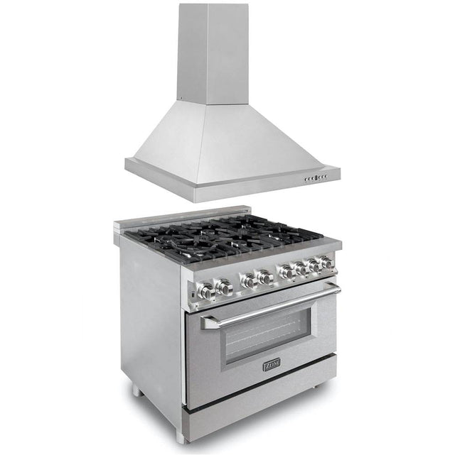 Z-Line - 36'' Kitchen Package with Stainless Steel Dual Fuel Range with DuraSnow Door and Convertible Vent Range Hood - Stainless Steel