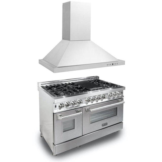 Z-Line - 48'' Kitchen Package with Stainless Steel Dual Fuel Range with DuraSnow Door and Convertible Vent Range Hood - Stainless Steel