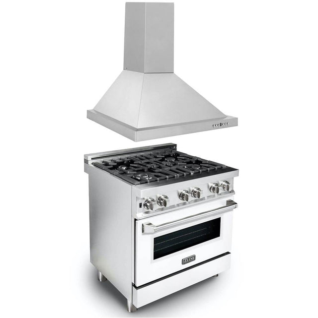 Z-Line - 30'' Kitchen Package with Stainless Steel Dual Fuel Range with Whiite Matte Door and Convertible Vent Range Hood - Stainless Steel