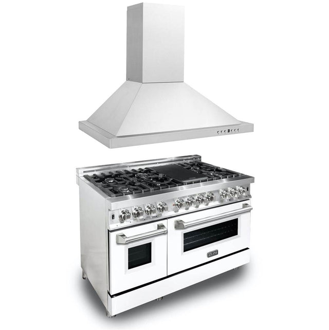 Z-Line - 48'' Kitchen Package with Stainless Steel Dual Fuel Range with Whiite Matte Door and Convertible Vent Range Hood - Stainless Steel