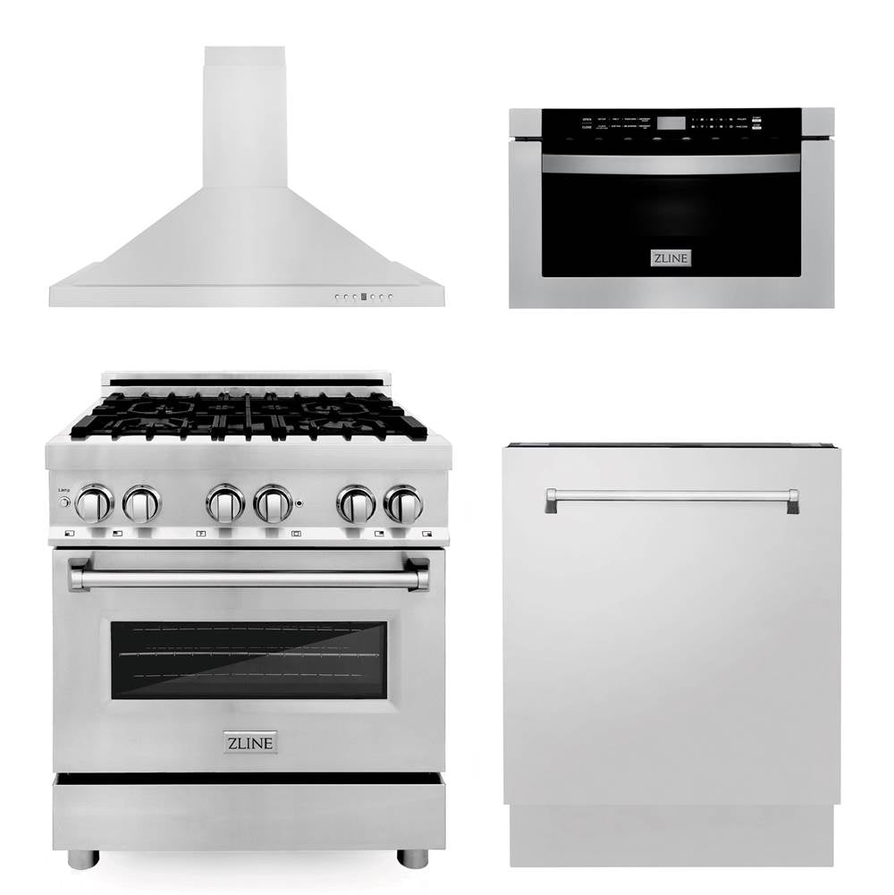 Z-Line - 30'' Kitchen Package with Stainless Steel Dual Fuel Range, Range Hood, Microwave Drawer and Tall Tub Dishwasher - Stainless Steel