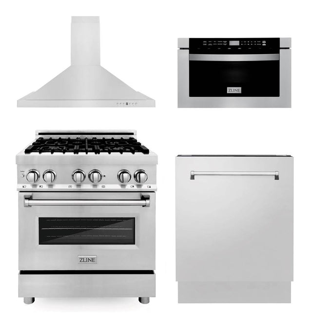 Z-Line - 30'' Kitchen Package with Stainless Steel Dual Fuel Range, Range Hood, Microwave Drawer and Tall Tub Dishwasher - Stainless Steel