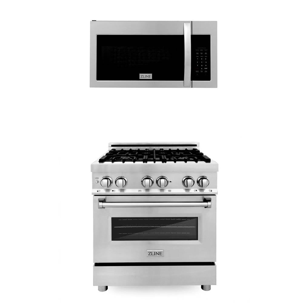 Z-Line - 30'' Kitchen Package with Stainless Steel Dual Fuel Range and Over The Range Microwave with Modern Handle - Stainless Steel