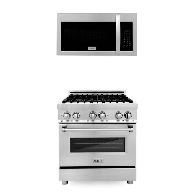 Z-Line - 30'' Kitchen Package with Stainless Steel Dual Fuel Range and Over The Range Microwave with Modern Handle - Stainless Steel